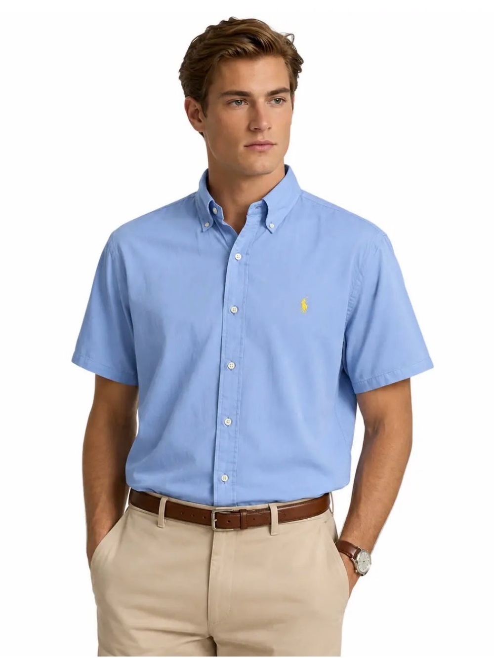 Ralph Lauren Blake 2-ply cotton Blue Short Sleeve Shirt with Yellow Pony